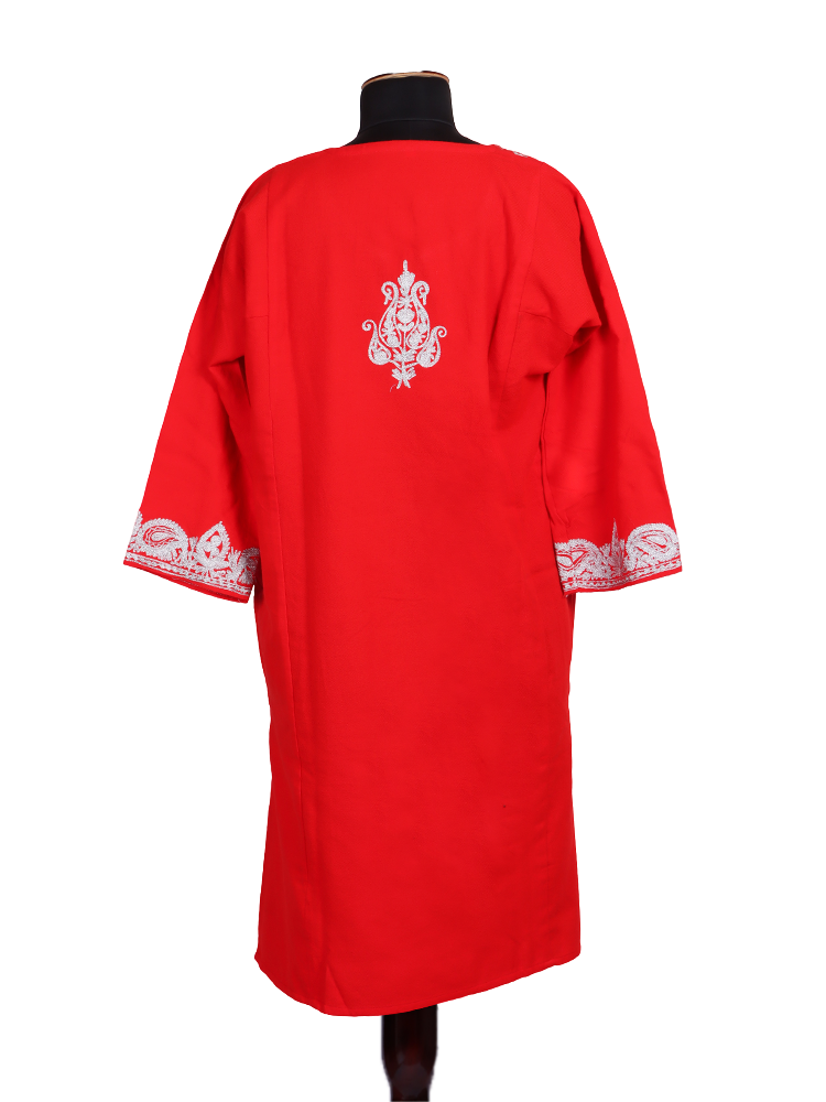 Carmine Red Cashmilon Wool Zari Embroidered Kashmiri Pheran - Pehnava