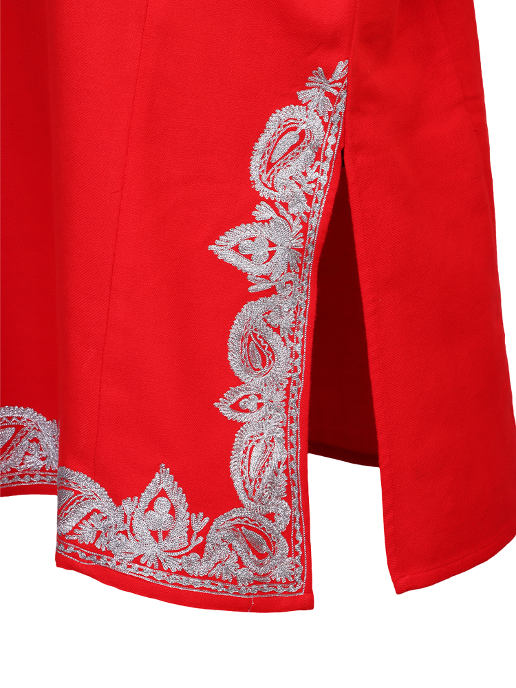 Carmine Red Cashmilon Wool Zari Embroidered Kashmiri Pheran - Pehnava