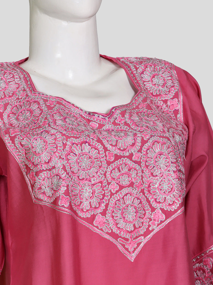 Zariya Kashmiri Aari Embroidered Rose Pink Silk Coord Set