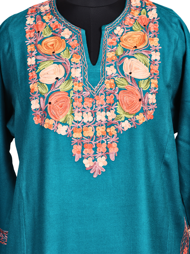 Sky Blue Cashmilon Wool Aari Embroidered Kashmiri Pheran - Pehnava