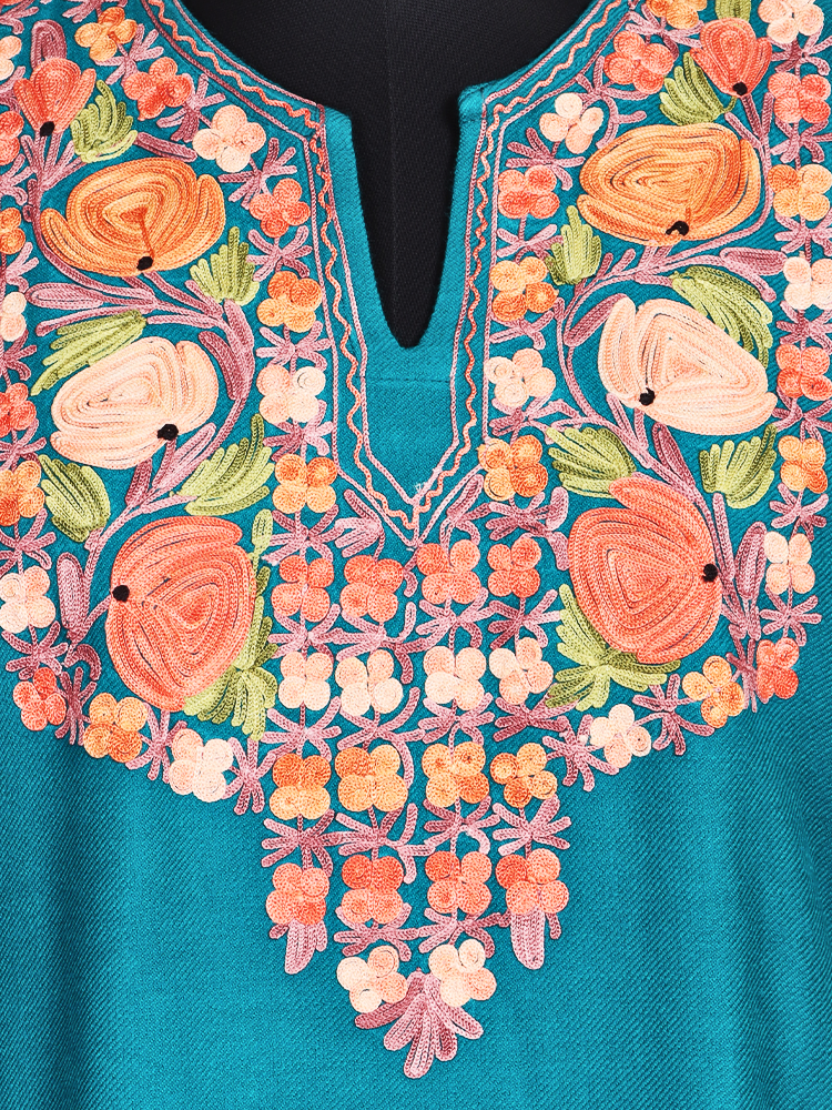 Sky Blue Cashmilon Wool Aari Embroidered Kashmiri Pheran - Pehnava