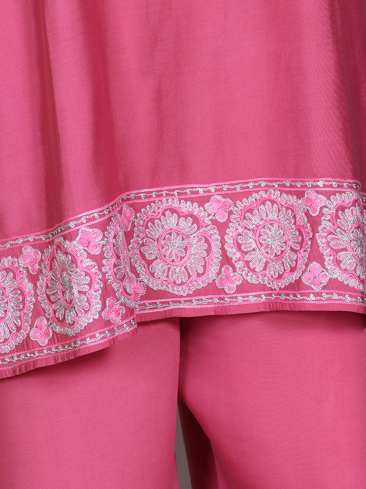 Zariya Kashmiri Aari Embroidered Rose Pink Silk Coord Set