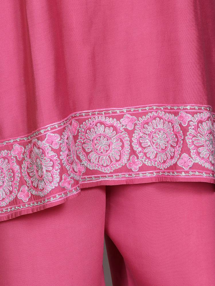 Zariya Kashmiri Aari Embroidered Rose Pink Silk Coord Set - Shopping in Kashmir