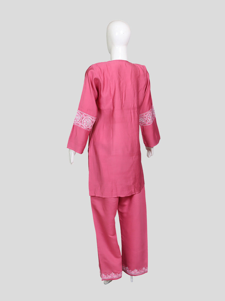 Zariya Kashmiri Aari Embroidered Rose Pink Silk Coord Set