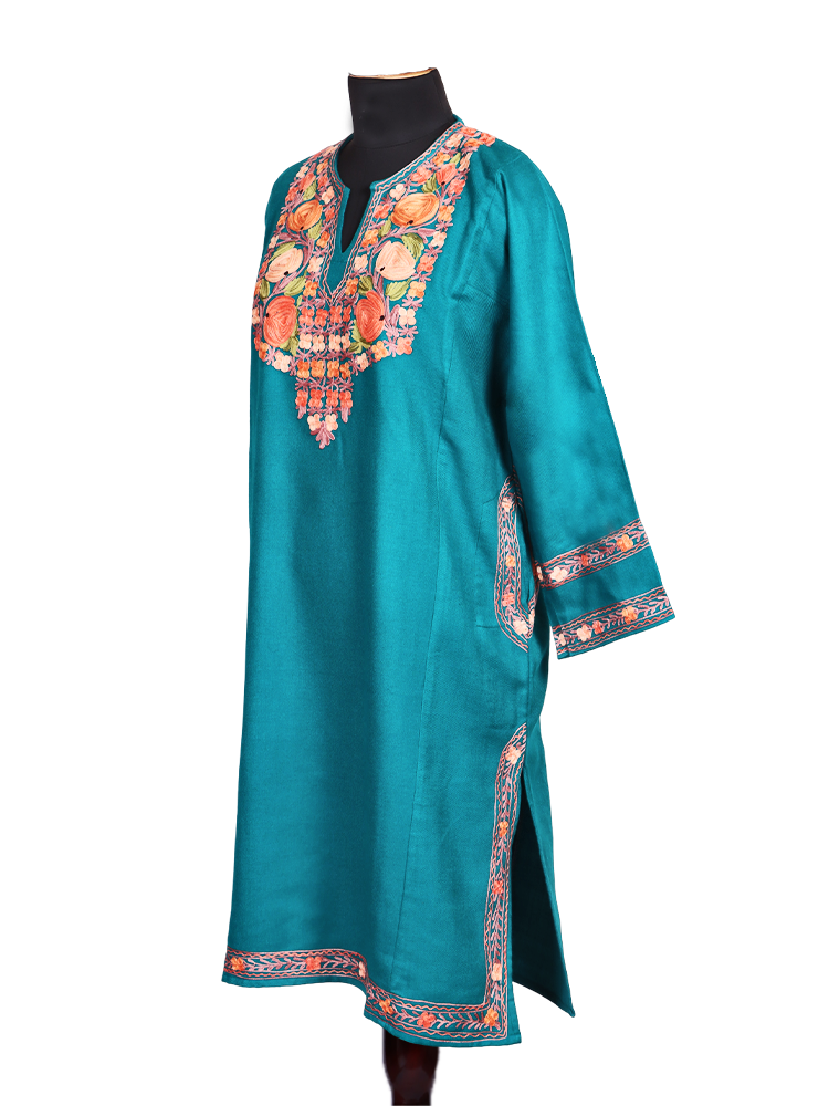 Sky Blue Cashmilon Wool Aari Embroidered Kashmiri Pheran - Pehnava