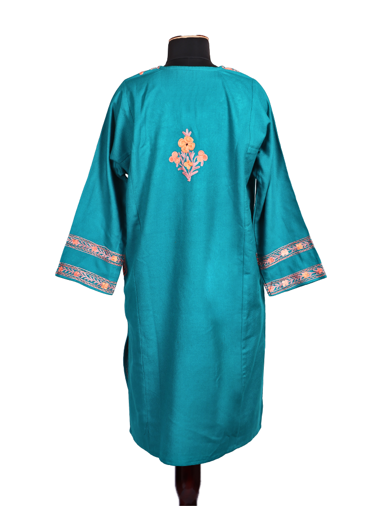 Sky Blue Cashmilon Wool Aari Embroidered Kashmiri Pheran - Pehnava