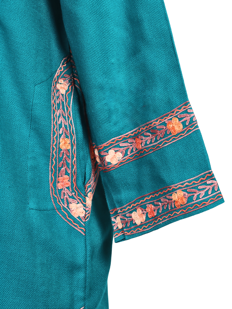 Sky Blue Cashmilon Wool Aari Embroidered Kashmiri Pheran - Pehnava