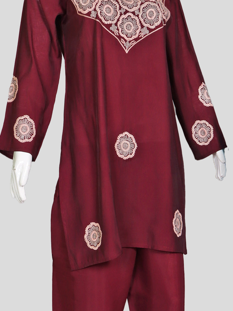 Zariya Kashmiri Aari Embroidered Berry Maroon Silk Coord Set
