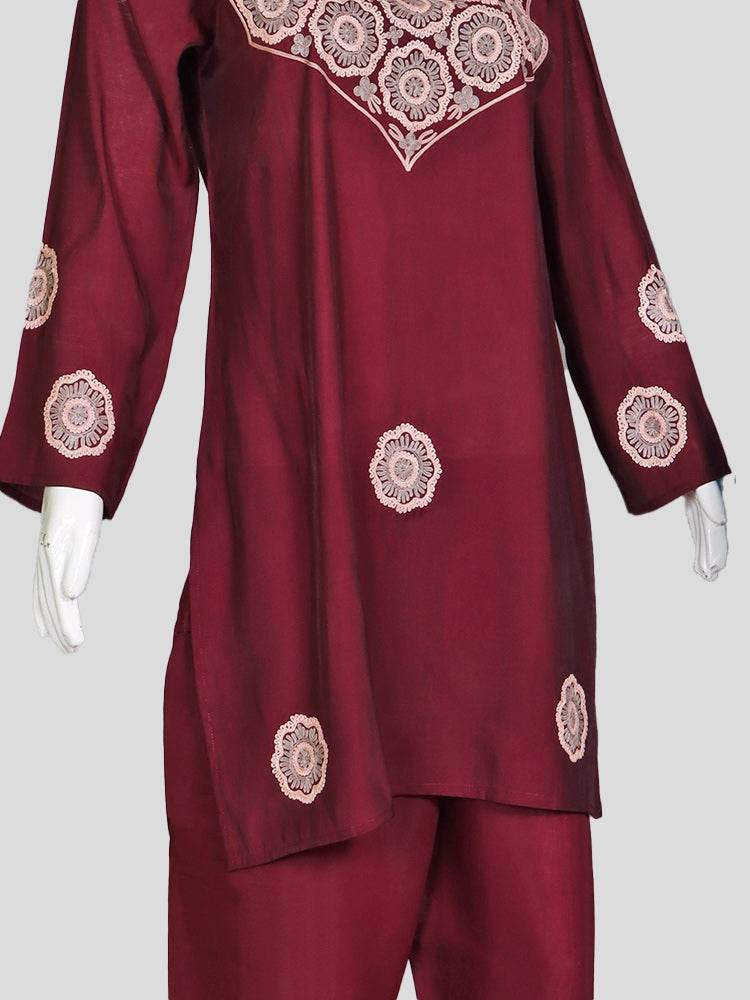 Zariya Kashmiri Aari Embroidered Berry Maroon Silk Coord Set - Shopping in Kashmir
