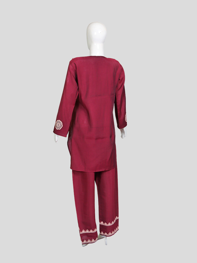 Zariya Kashmiri Aari Embroidered Berry Maroon Silk Coord Set
