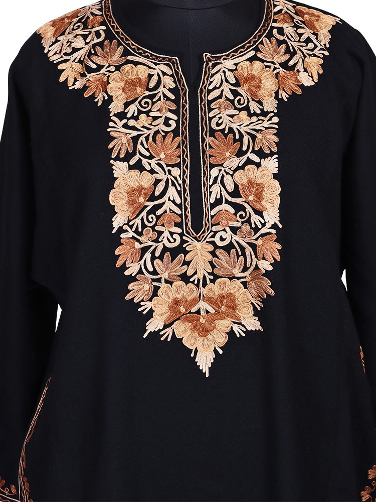 Cashmilon Wool Black Aari Embroidered Kashmiri Pheran - Pehnava