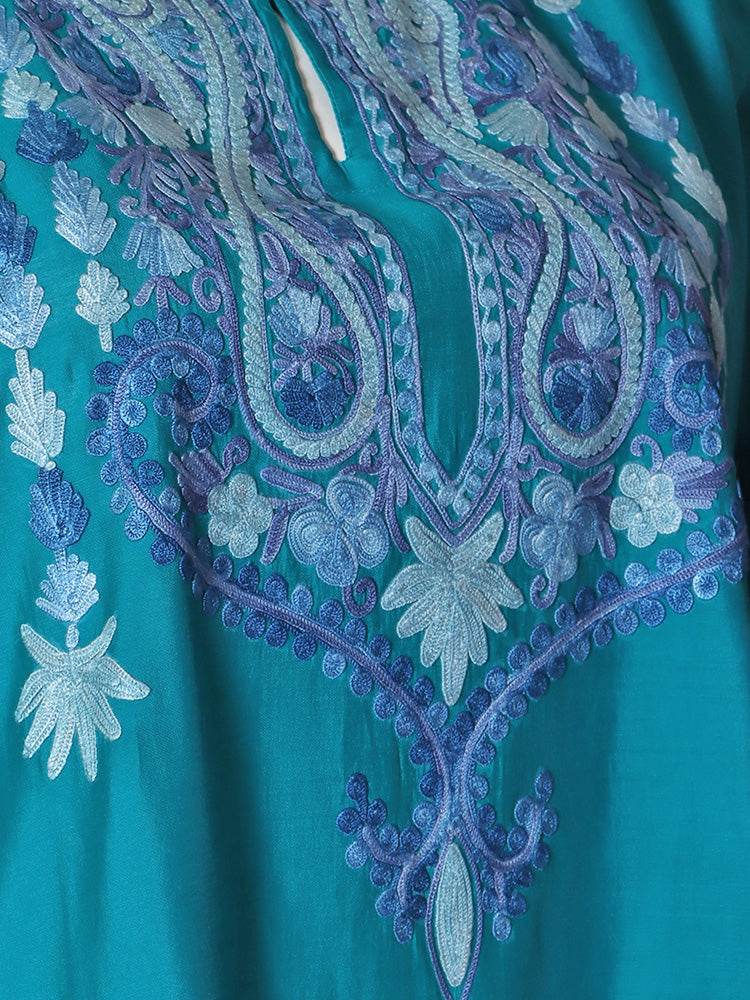 Zariya Kashmiri Aari Embroidered Sky Blue Silk Coord Set - Shopping in Kashmir