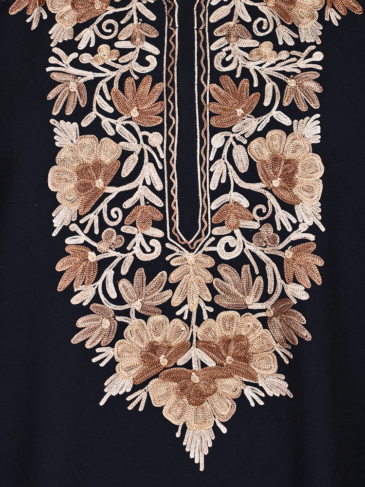 Cashmilon Wool Black Aari Embroidered Kashmiri Pheran - Pehnava