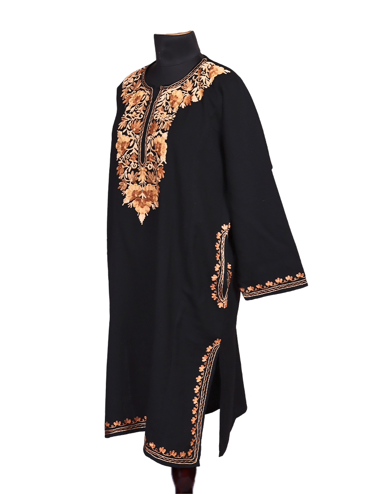 Cashmilon Wool Black Aari Embroidered Kashmiri Pheran - Pehnava