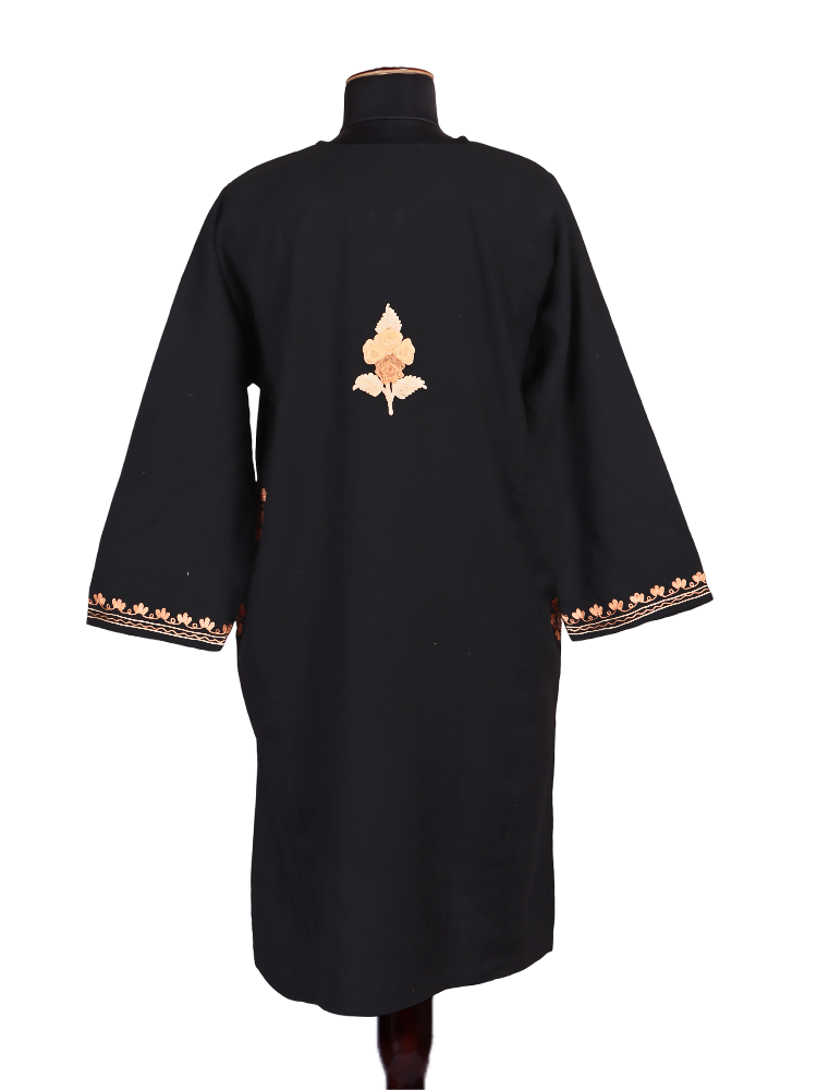 Cashmilon Wool Black Aari Embroidered Kashmiri Pheran - Pehnava