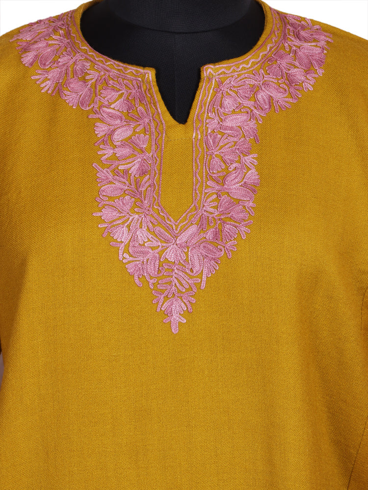 Yellow Ochre Cashmilon Wool Aari Embroidered Kashmiri Pheran - Pehnava