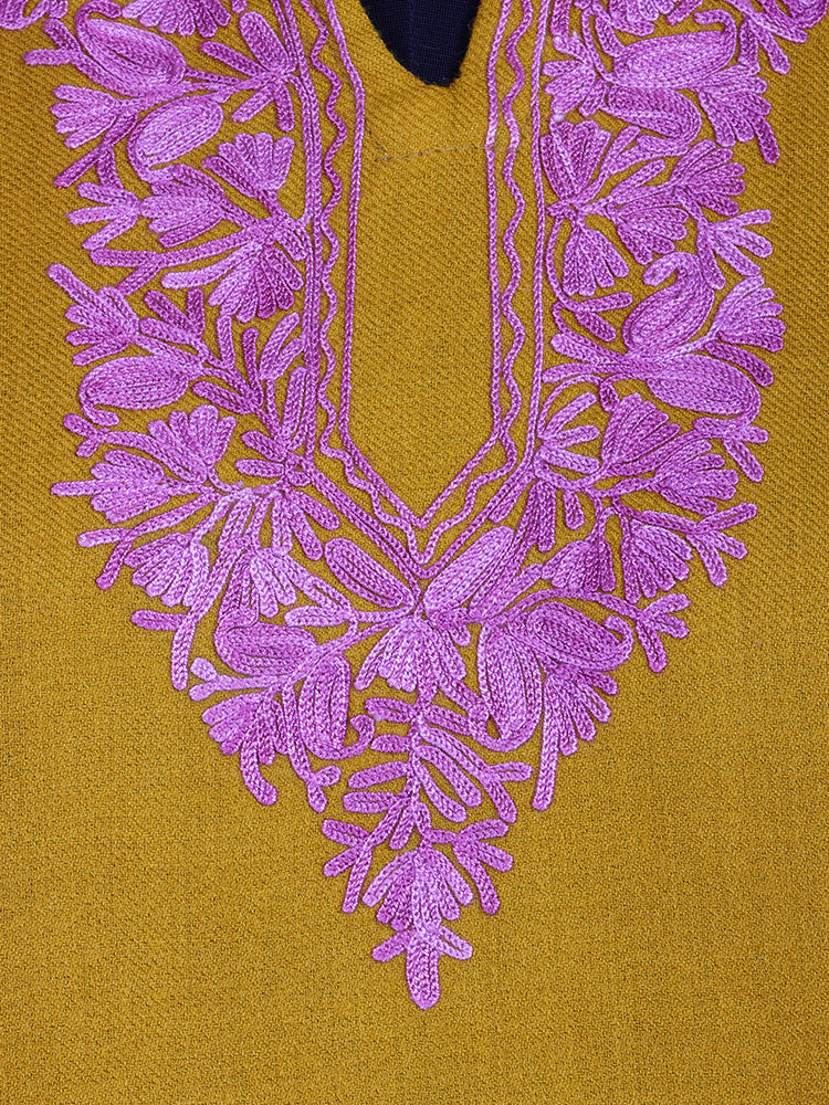 Yellow Ochre Cashmilon Wool Aari Embroidered Kashmiri Pheran - Pehnava