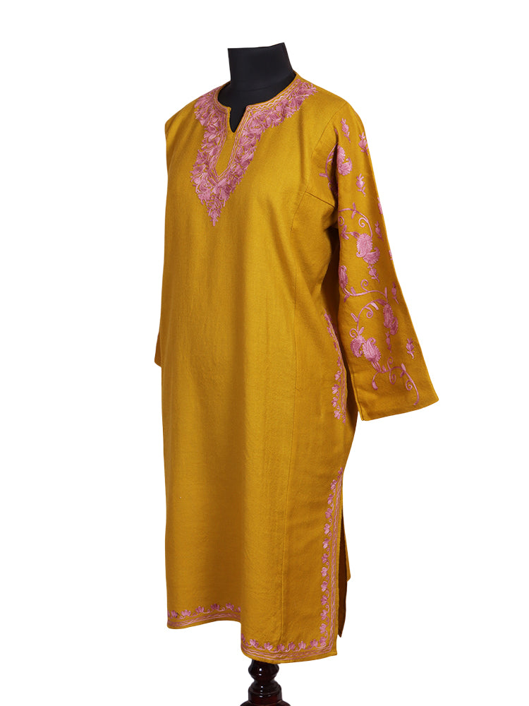 Yellow Ochre Cashmilon Wool Aari Embroidered Kashmiri Pheran - Pehnava
