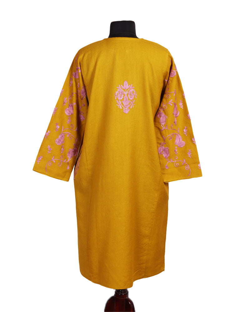 Yellow Ochre Cashmilon Wool Aari Embroidered Kashmiri Pheran - Pehnava