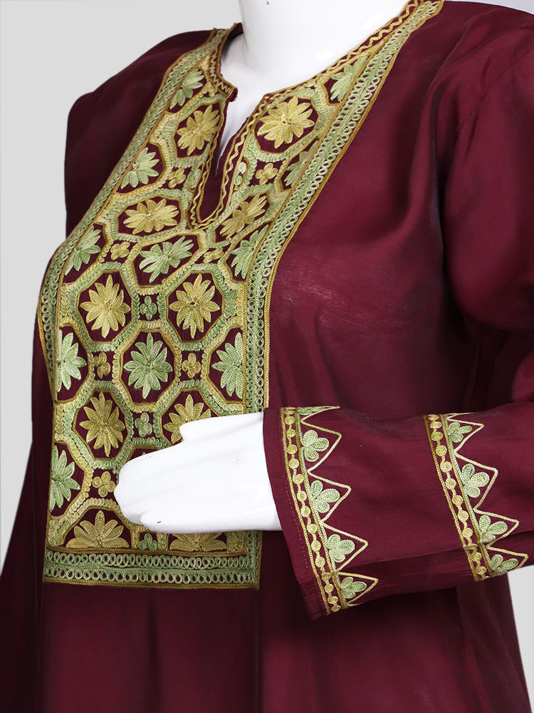 Zariya Kashmiri Aari Embroidered Maroon Silk Coord Set
