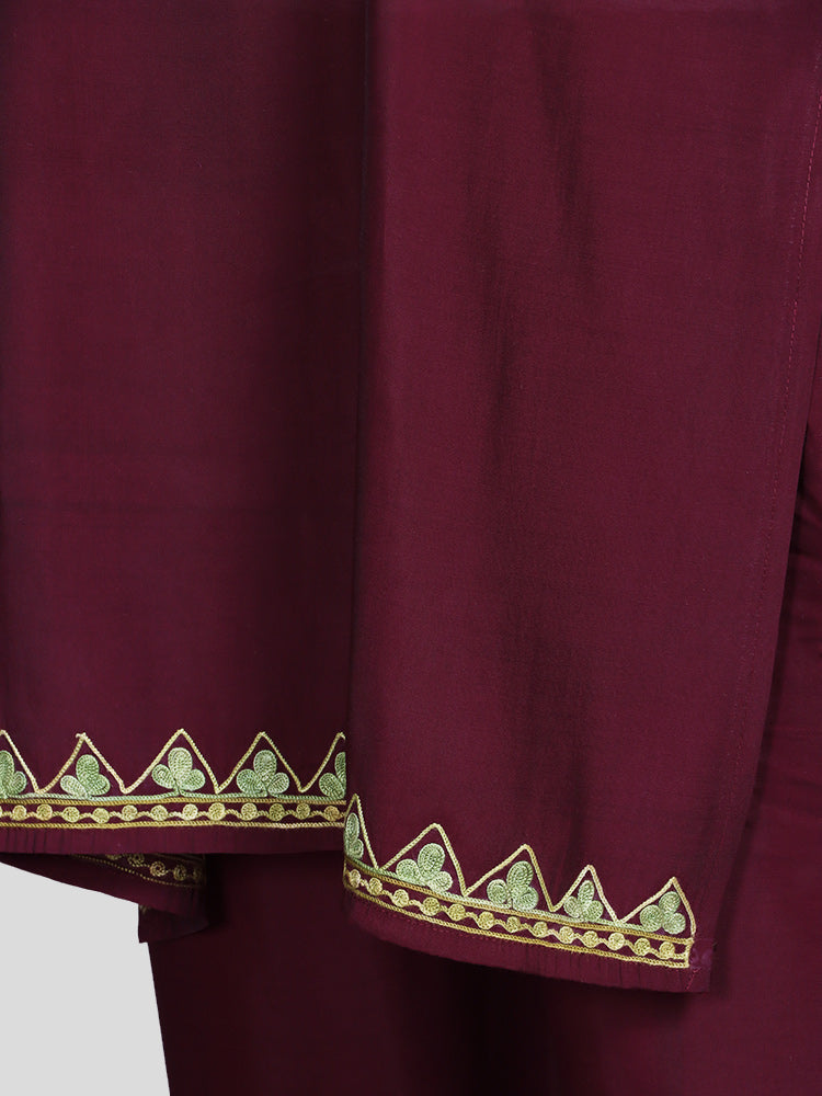 Zariya Kashmiri Aari Embroidered Maroon Silk Coord Set