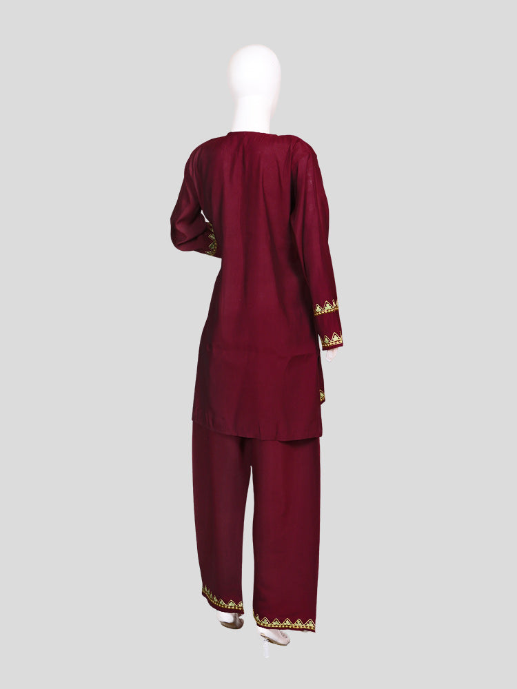 Zariya Kashmiri Aari Embroidered Maroon Silk Coord Set