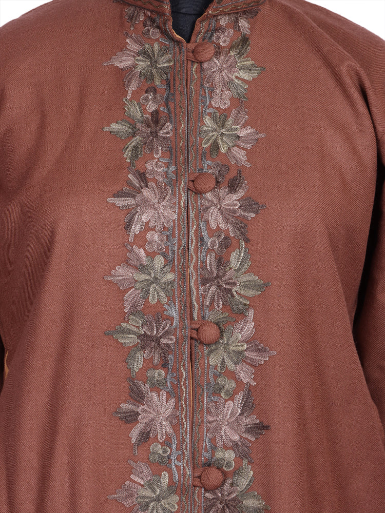 Pinkish Brown Cashmilon Wool Kashmiri Aari Embroidered Jacket