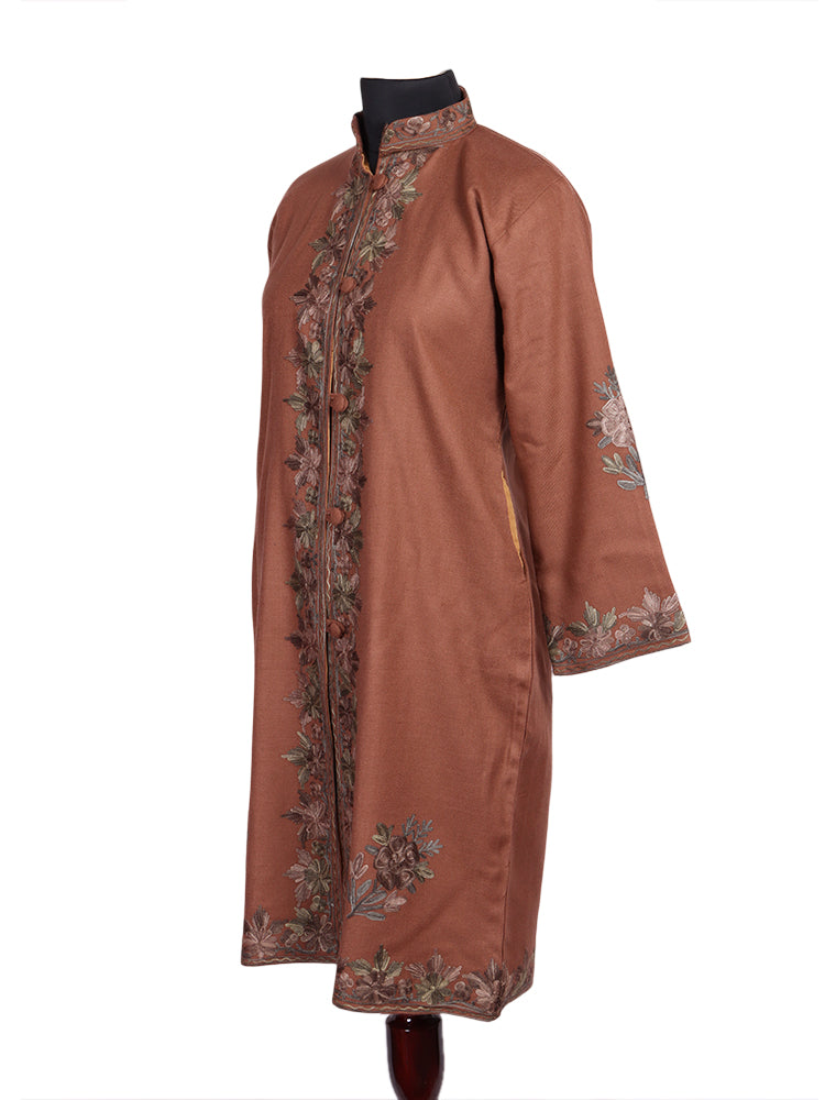 Pinkish Brown Cashmilon Wool Kashmiri Aari Embroidered Jacket