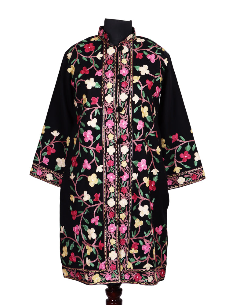 Jet Black Cashmilon Wool Kashmiri Aari Embroidered Jacket