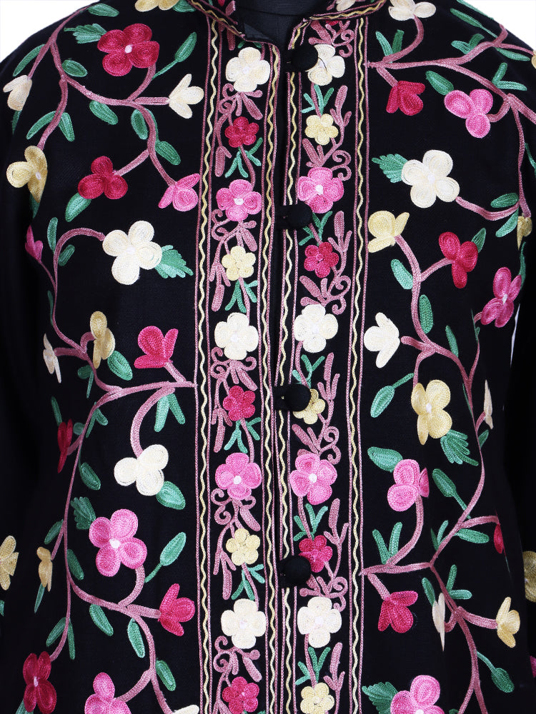 Jet Black Cashmilon Wool Kashmiri Aari Embroidered Jacket