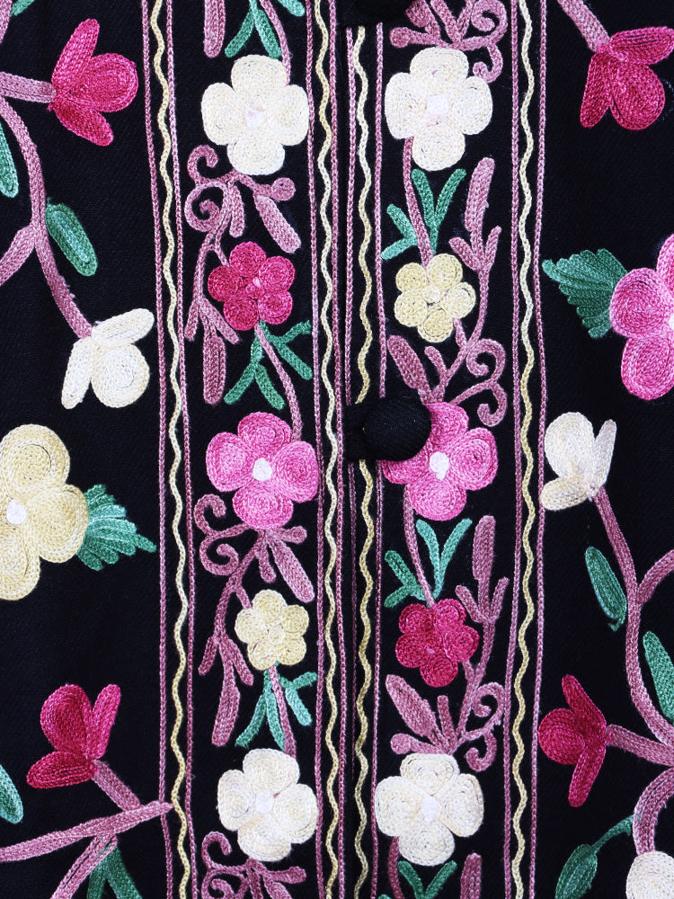 Jet Black Cashmilon Wool Kashmiri Aari Embroidered Jacket