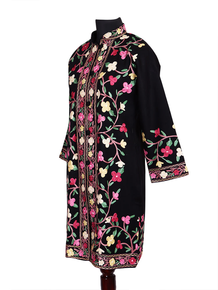 Jet Black Cashmilon Wool Kashmiri Aari Embroidered Jacket