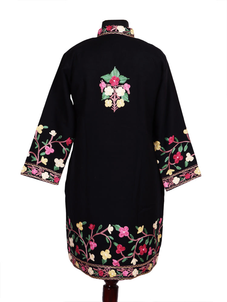 Jet Black Cashmilon Wool Kashmiri Aari Embroidered Jacket