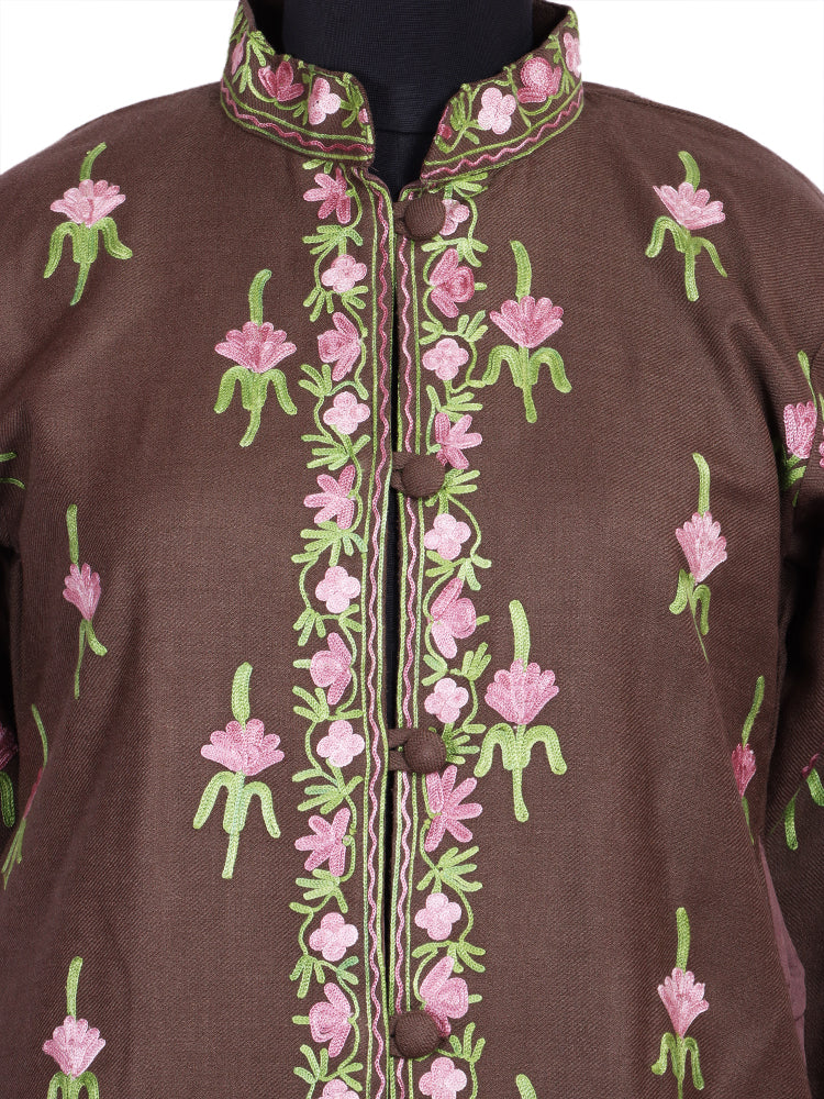 Coffee Brown Cashmilon Wool Kashmiri Aari Embroidered Jacket