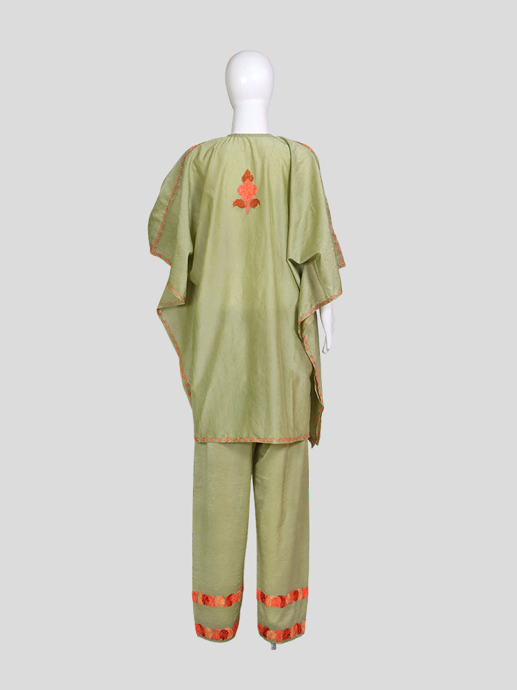 Zariya Kashmiri Aari Embroidered Pastel Olive Green Silk Kaftan Set