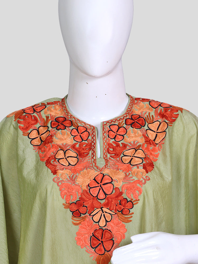Zariya Kashmiri Aari Embroidered Pastel Olive Green Silk Kaftan Set