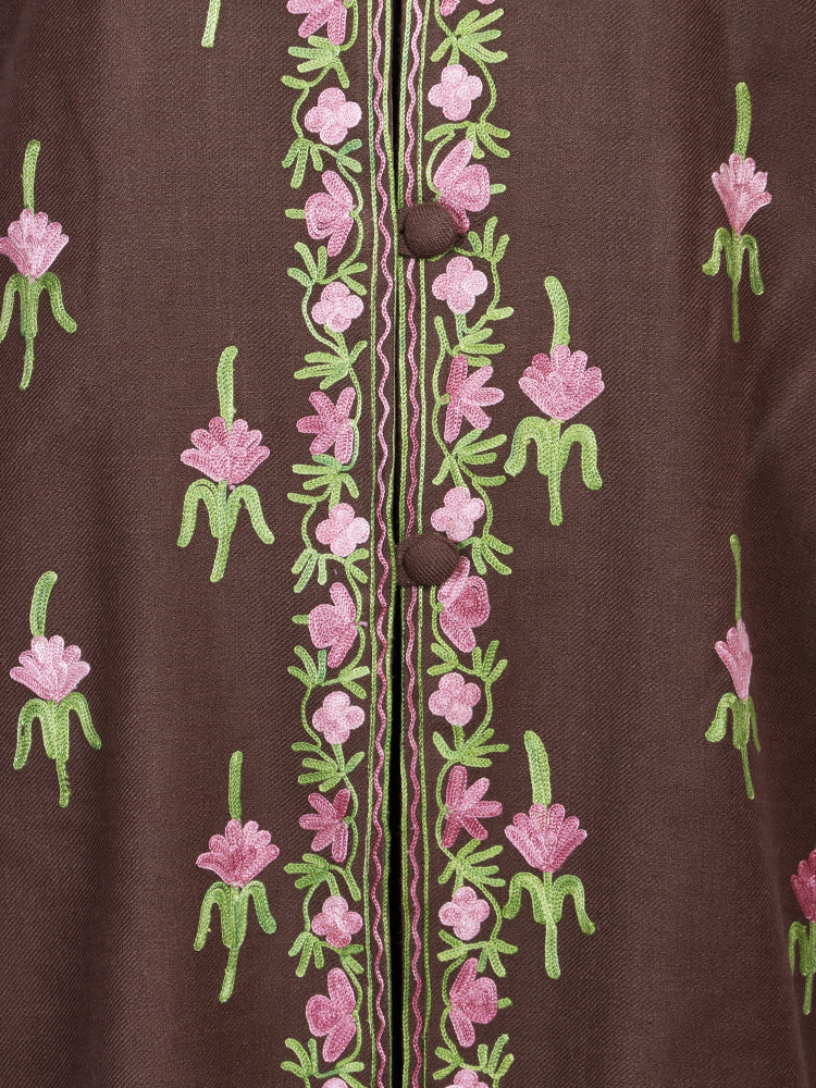 Coffee Brown Cashmilon Wool Kashmiri Aari Embroidered Jacket