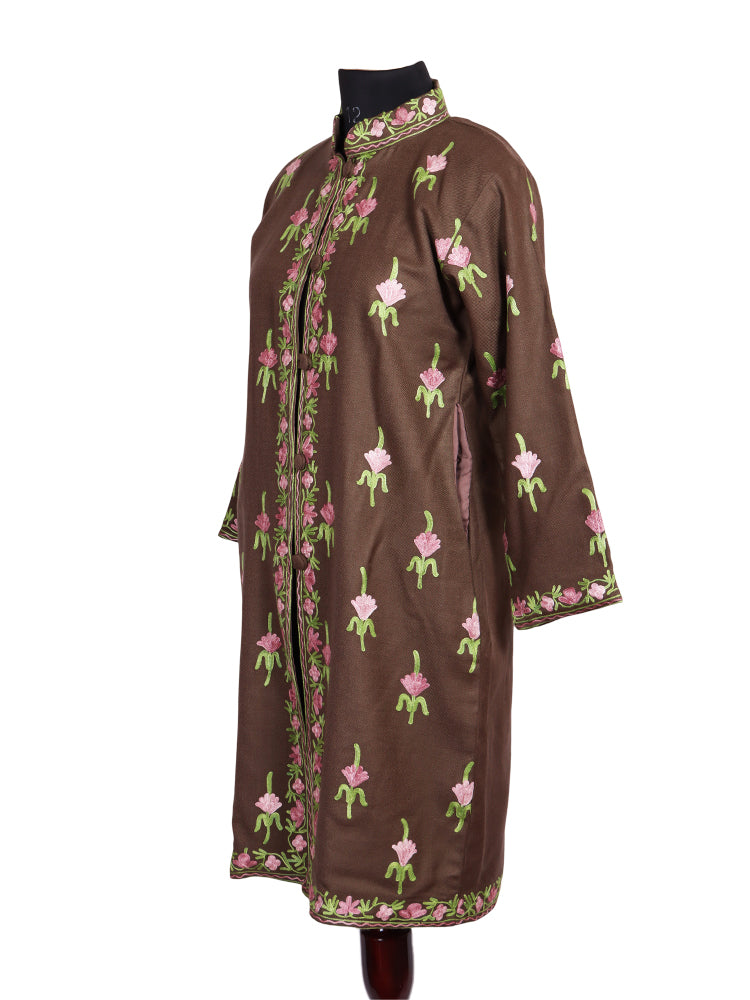 Coffee Brown Cashmilon Wool Kashmiri Aari Embroidered Jacket