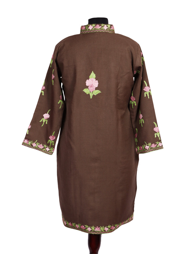 Coffee Brown Cashmilon Wool Kashmiri Aari Embroidered Jacket