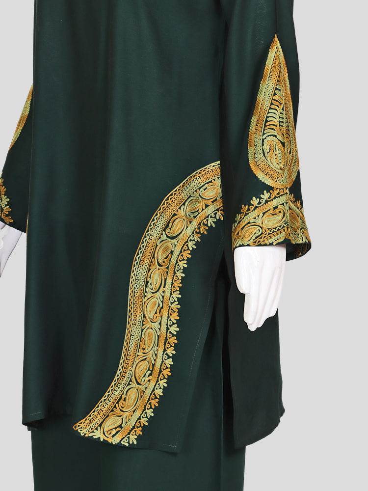 Zariya Kashmiri Aari Embroidered Forest Green Silk Coord Set - Shopping in Kashmir