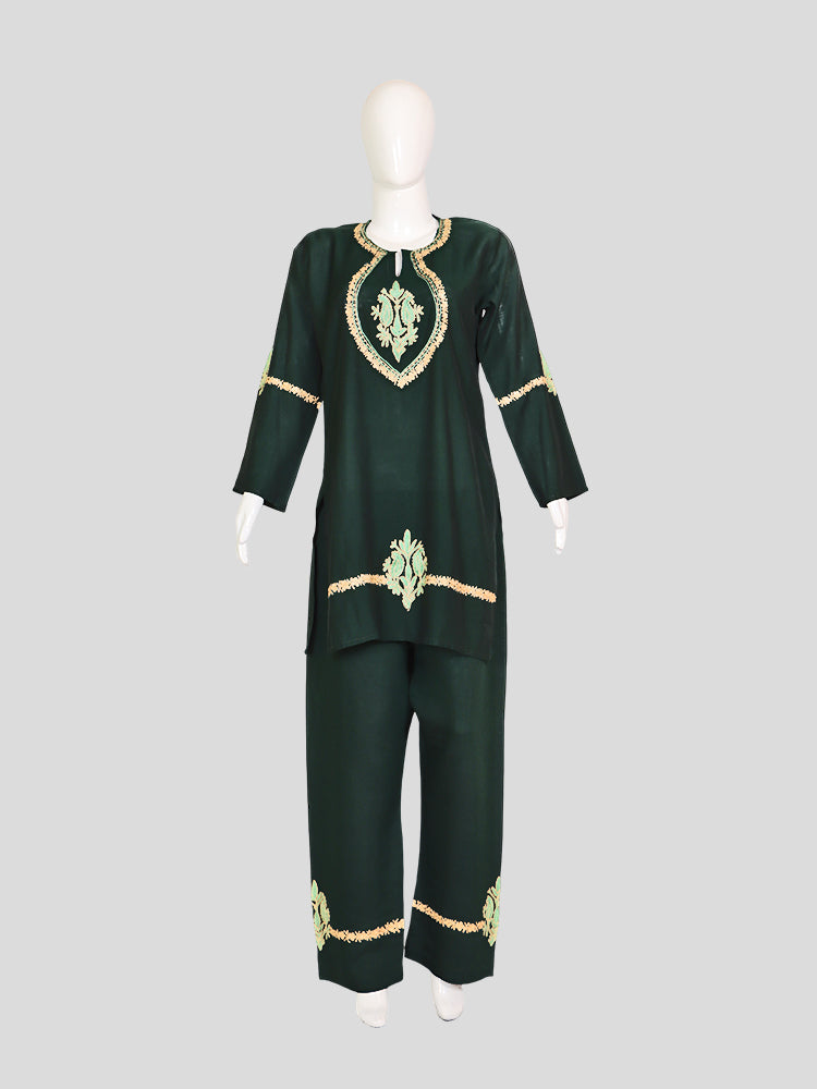 Zariya Kashmiri Aari & Zari Embroidered Evergreen Silk Coord Set