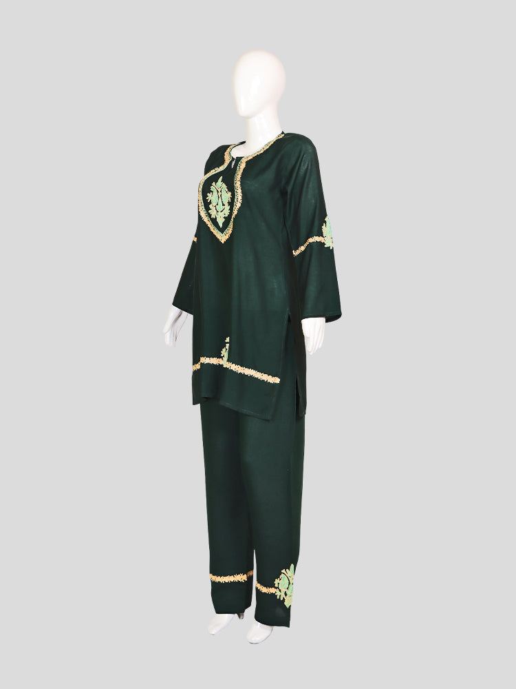 Zariya Kashmiri Aari & Zari Embroidered Evergreen Silk Coord Set