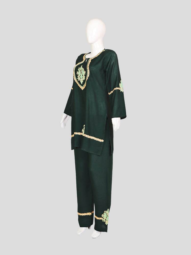 Zariya Kashmiri Aari & Zari Embroidered Evergreen Silk Coord Set - Shopping in Kashmir