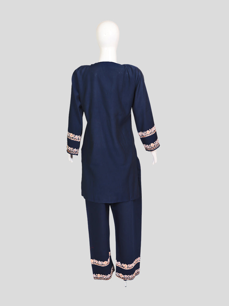 Zariya Kashmiri Aari Embroidered Navy Blue Silk Coord Set