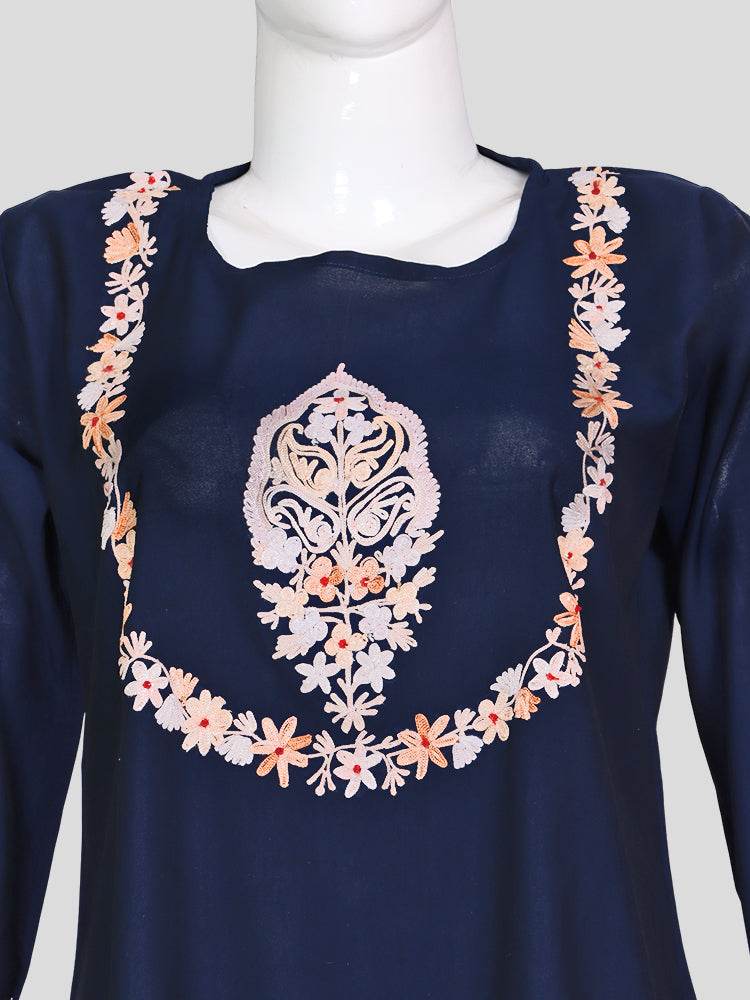 Zariya Kashmiri Aari Embroidered Navy Blue Silk Coord Set - Shopping in Kashmir