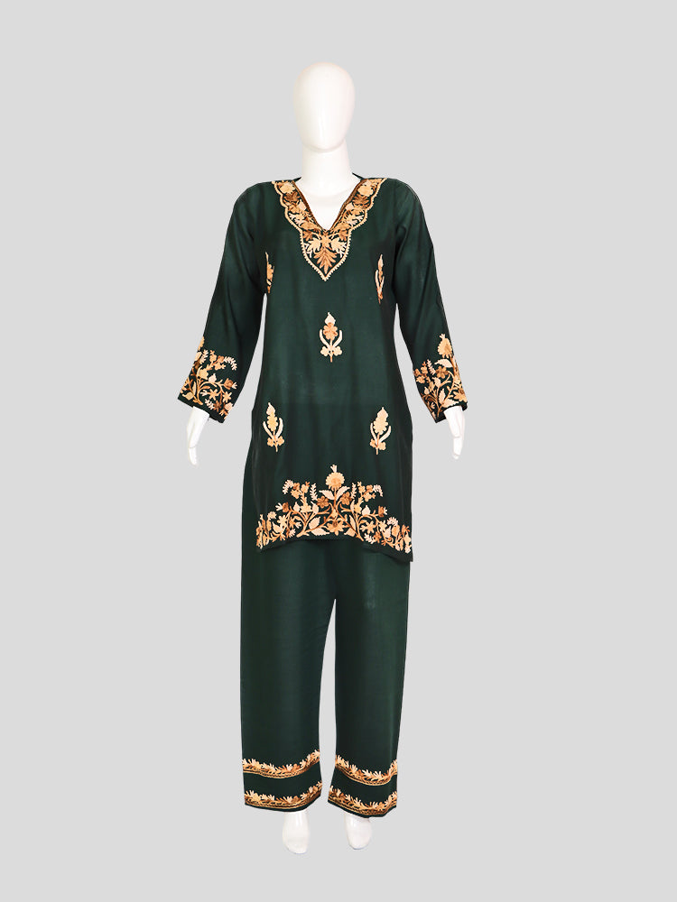 Zariya Kashmiri Aari Embroidered Dark Green Silk Coord Set