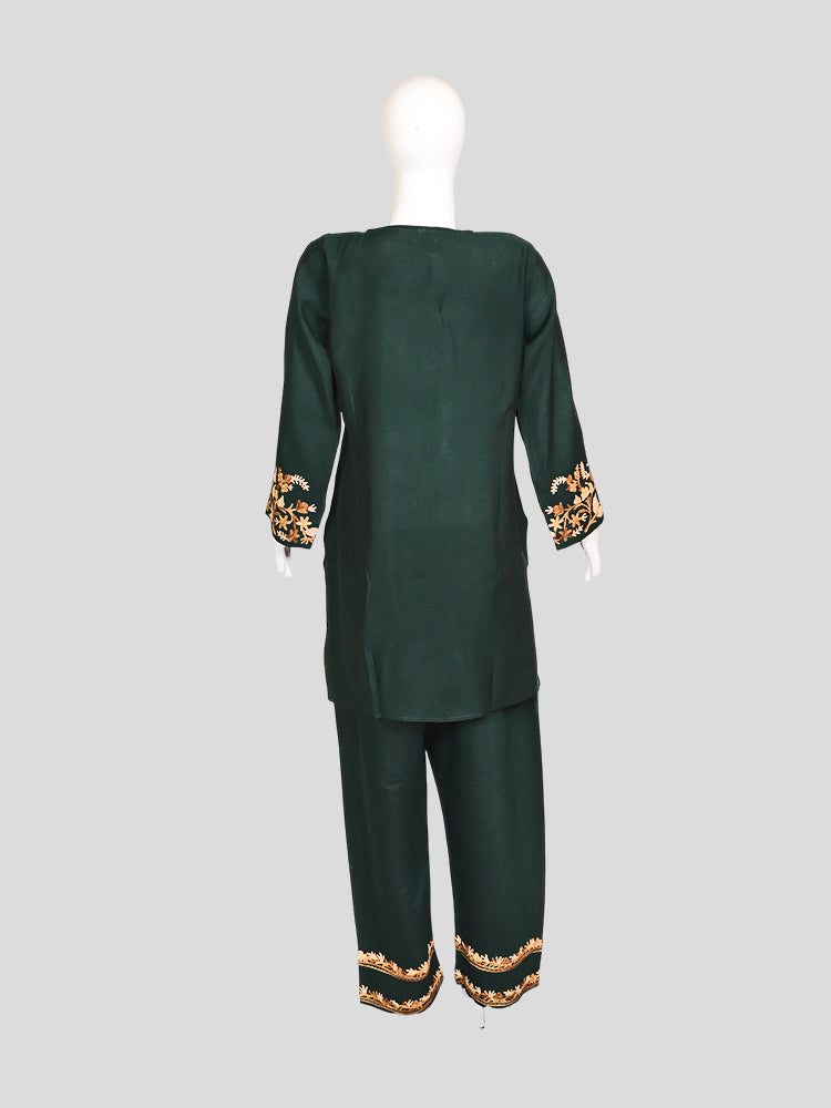 Zariya Kashmiri Aari Embroidered Dark Green Silk Coord Set