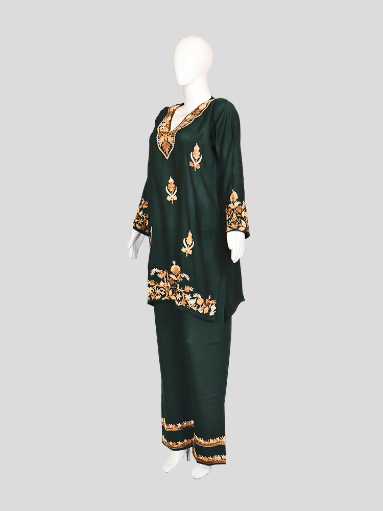 Zariya Kashmiri Aari Embroidered Dark Green Silk Coord Set