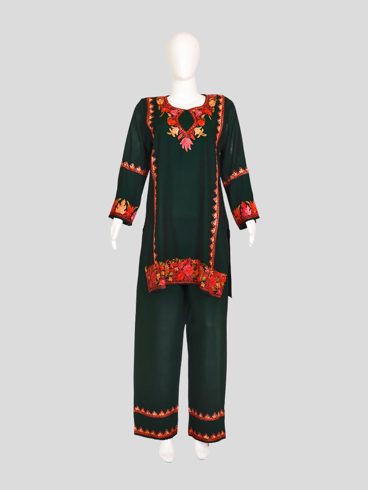 Zariya Kashmiri Aari Embroidered Timber Green Silk Coord Set