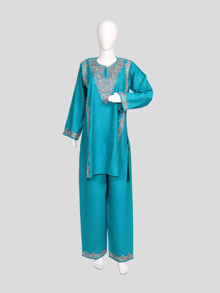 Zariya Kashmiri Zari & Aari Embroidered Pacific Blue Silk Coord Set